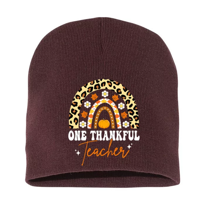 One Thankful Teacher Thanksgiving Rainbow Leopard Fall Short Acrylic Beanie