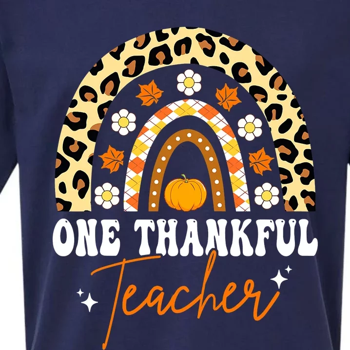 One Thankful Teacher Thanksgiving Rainbow Leopard Fall Sueded Cloud Jersey T-Shirt