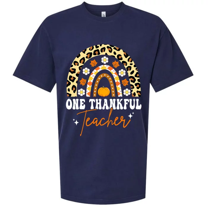 One Thankful Teacher Thanksgiving Rainbow Leopard Fall Sueded Cloud Jersey T-Shirt