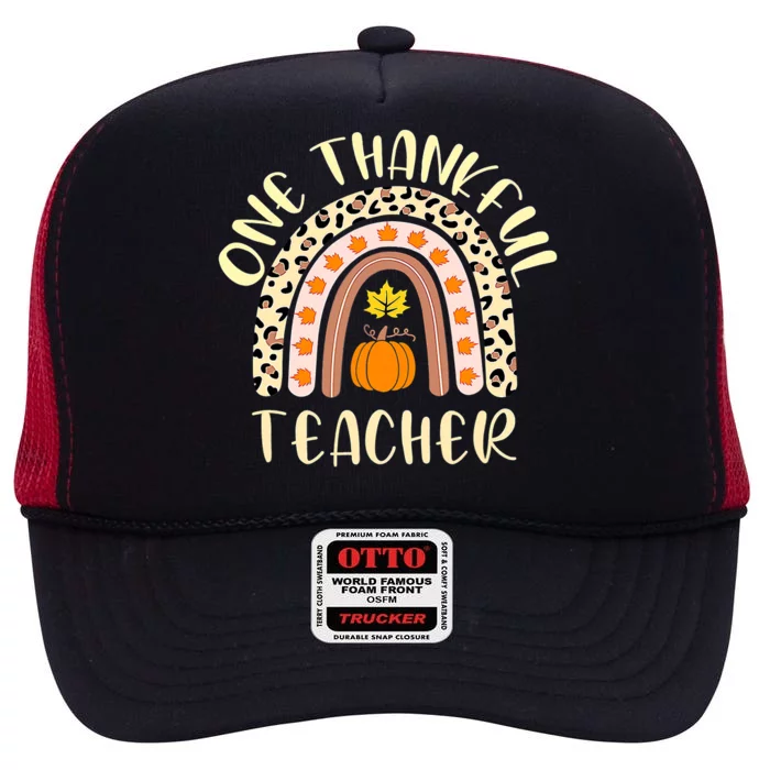 One Thankful Teacher Leopard Rainbow Pumpkin Thanksgiving High Crown Mesh Trucker Hat