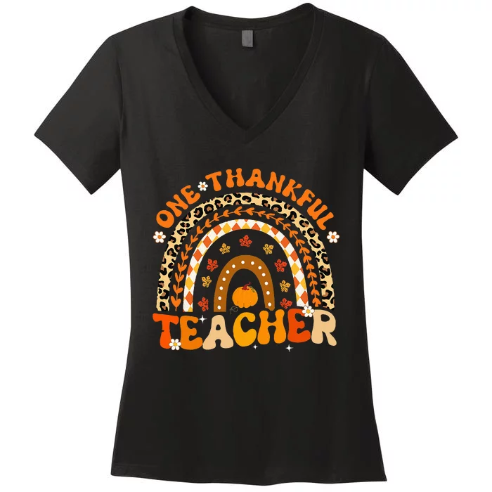 One Thankful Teacher Thanksgiving Rainbow Leopard Fall Women's V-Neck T-Shirt