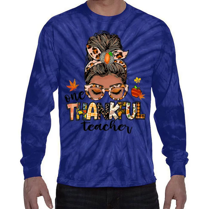 One Thankful Teacher Messy Bun Fall Thanksgiving Tie-Dye Long Sleeve Shirt