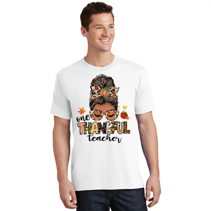 One Thankful Teacher Messy Bun Fall Thanksgiving T-Shirt