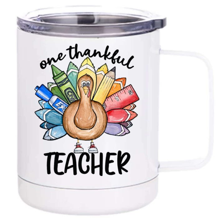 One Thankful Teacher Thanksgiving Turkey Front & Back 12oz Stainless Steel Tumbler Cup