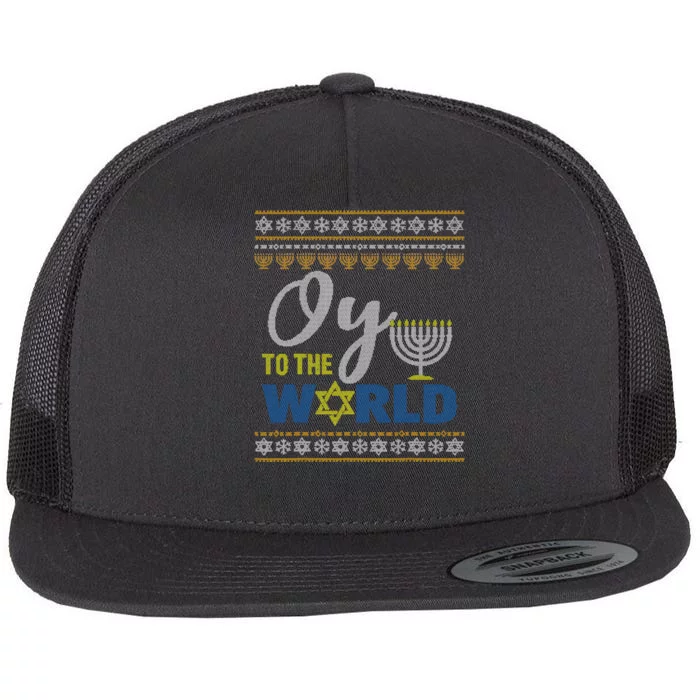 Oy To The World Funny Ugly Hanukkah Sweater Jewish Chanukah Flat Bill Trucker Hat