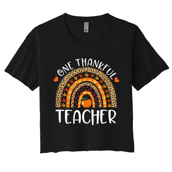 One Thankful Teacher Thanksgiving Rainbow Leopard Fall Funny Women's Crop Top Tee