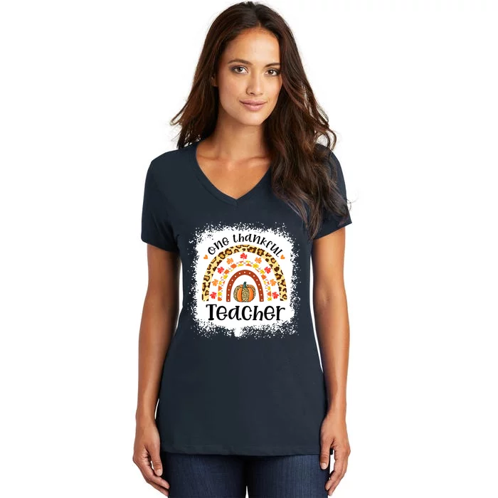 One Thankful Teacher Thanksgiving Rainbow Leopard Fall Women's V-Neck T-Shirt