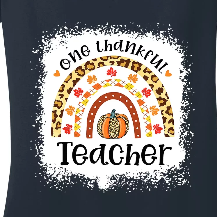 One Thankful Teacher Thanksgiving Rainbow Leopard Fall Women's V-Neck T-Shirt