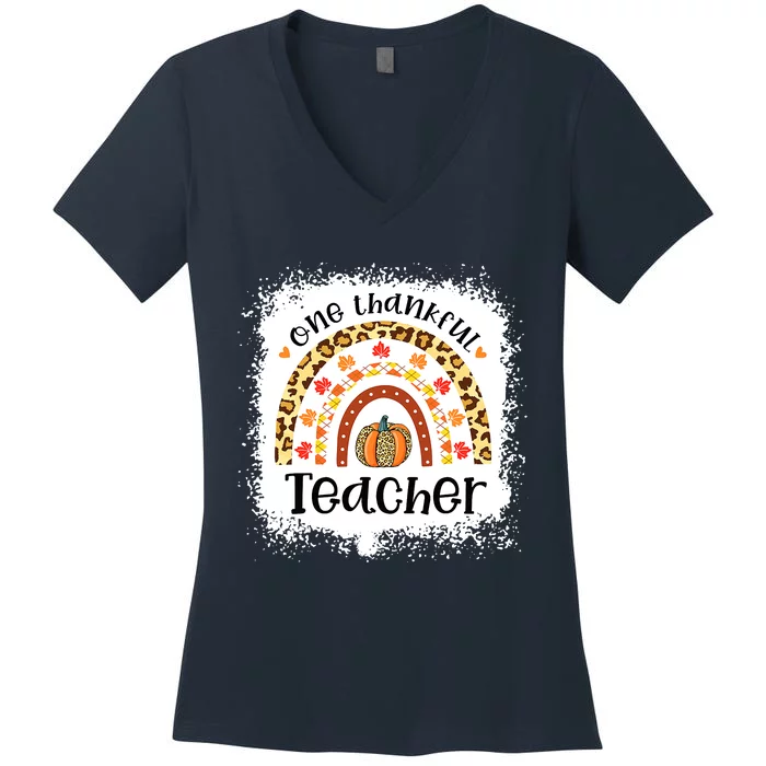 One Thankful Teacher Thanksgiving Rainbow Leopard Fall Women's V-Neck T-Shirt