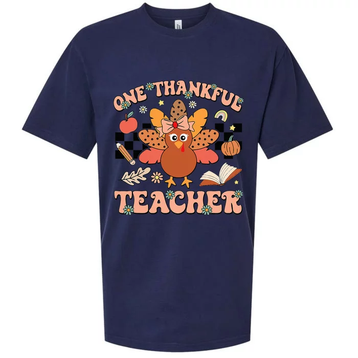 One Thankful Teacher Thanksgiving Retro Groovy Fall Teachers Sueded Cloud Jersey T-Shirt