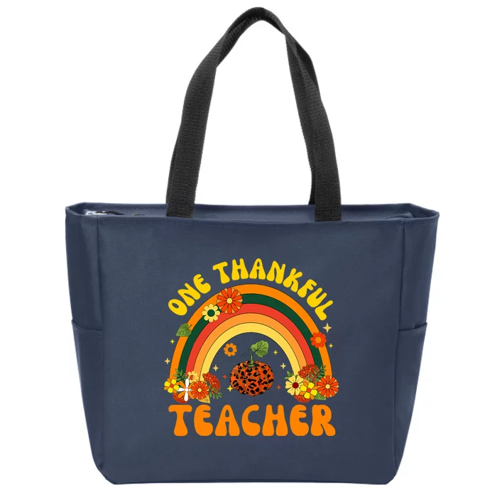 One Thankful Teacher Thanksgiving Rainbow Leopard Fall Zip Tote Bag