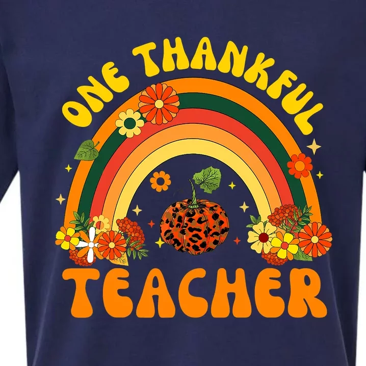 One Thankful Teacher Thanksgiving Rainbow Leopard Fall Sueded Cloud Jersey T-Shirt