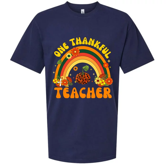 One Thankful Teacher Thanksgiving Rainbow Leopard Fall Sueded Cloud Jersey T-Shirt