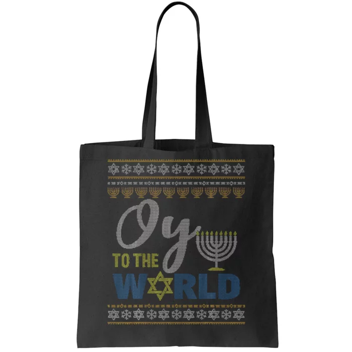 Oy To The World Funny Ugly Hanukkah Sweater Jewish Chanukah Tote Bag