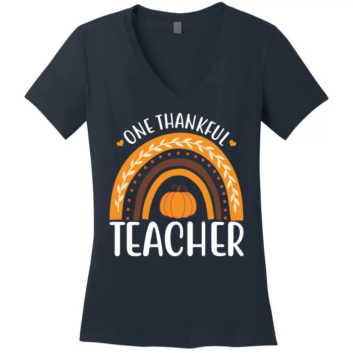 One Thankful Teacher Rainbow Pumpkin Thanksgiving Women's V-Neck T-Shirt