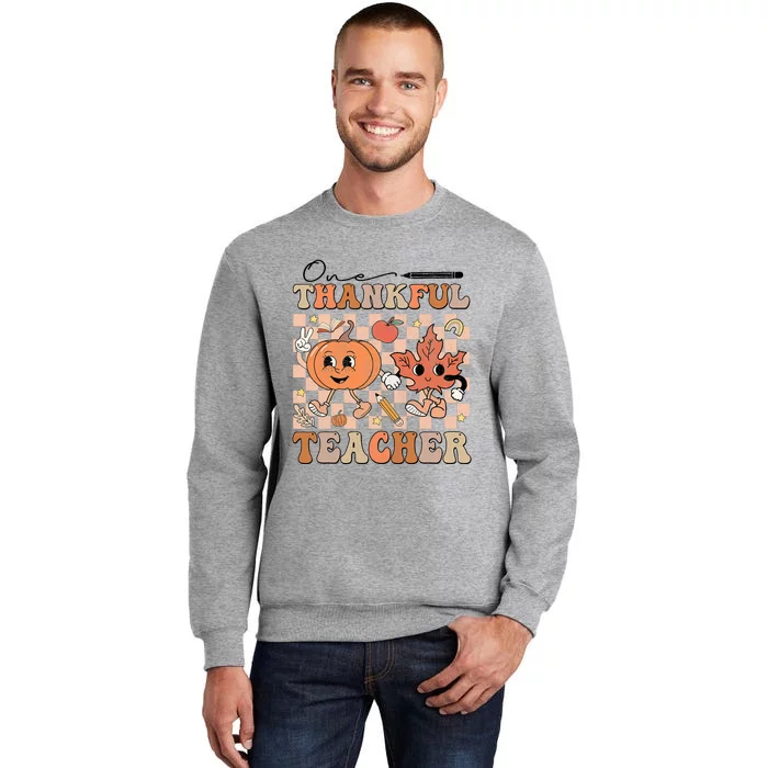 One Thankful Teacher Thanksgiving Groovy Fall Autumn Teacher Tall Sweatshirt