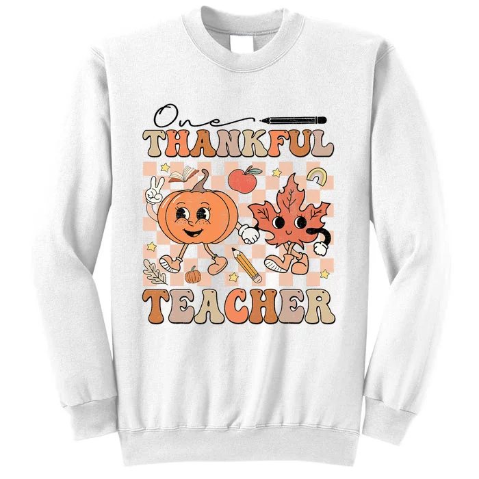 One Thankful Teacher Thanksgiving Groovy Fall Autumn Teacher Sweatshirt