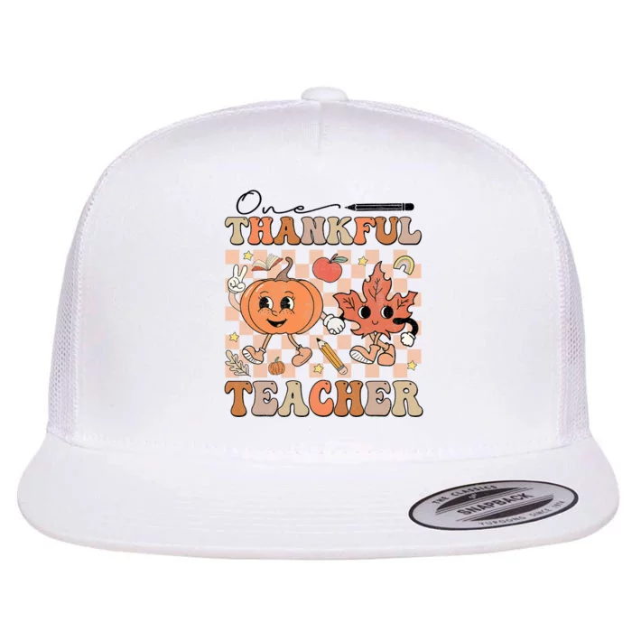 One Thankful Teacher Thanksgiving Groovy Fall Autumn Teacher Flat Bill Trucker Hat