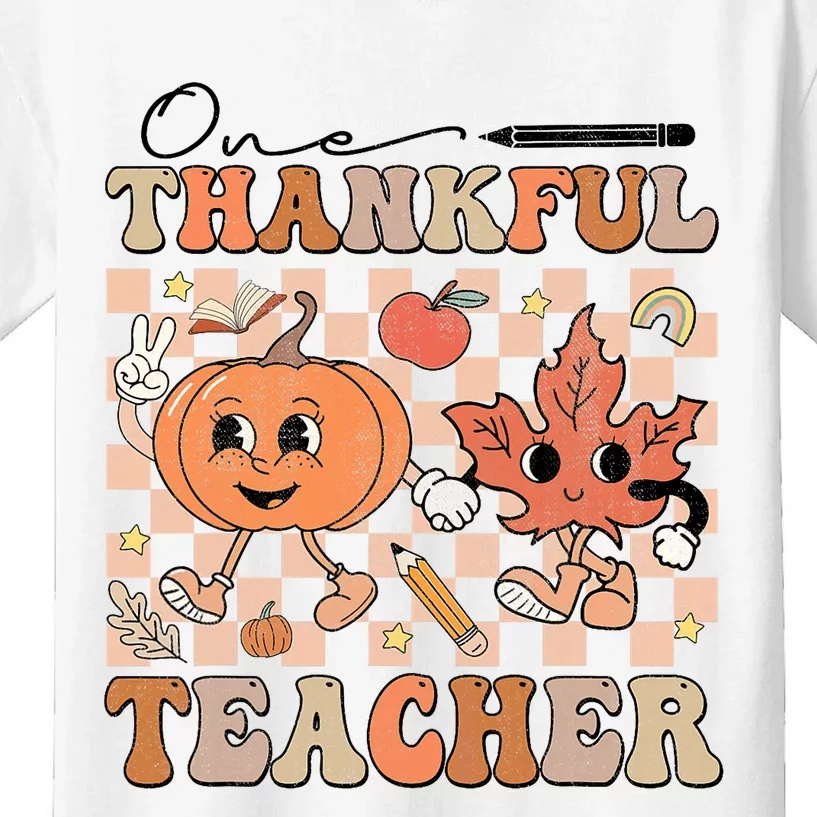 One Thankful Teacher Thanksgiving Groovy Fall Autumn Teacher Kids T-Shirt