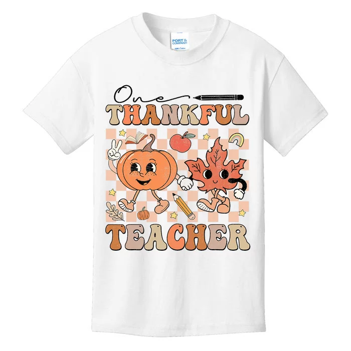 One Thankful Teacher Thanksgiving Groovy Fall Autumn Teacher Kids T-Shirt