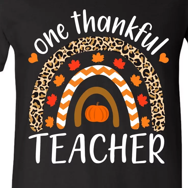 One Thankful Teacher, Autumn Fall Leopard Design V-Neck T-Shirt