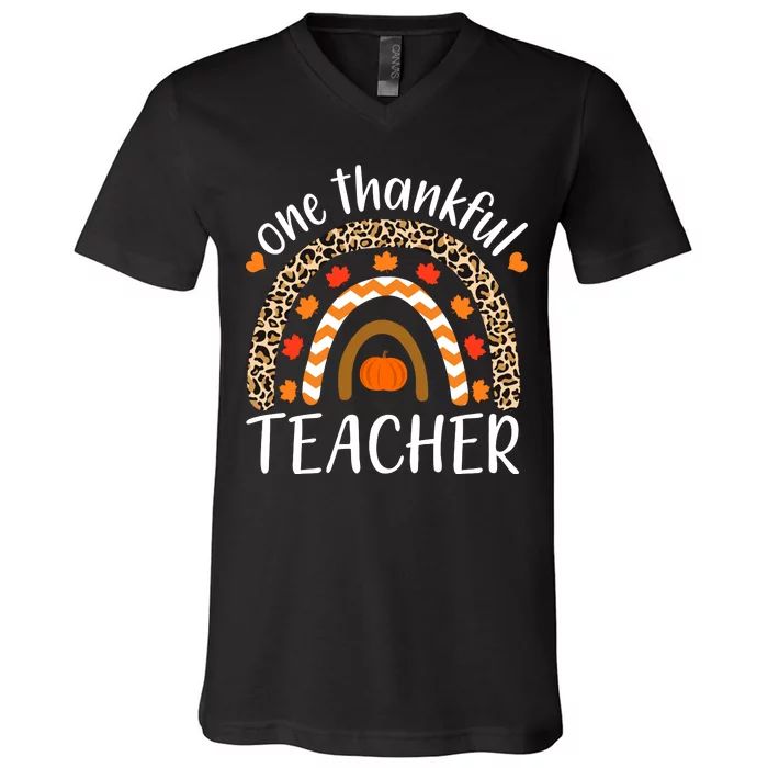 One Thankful Teacher, Autumn Fall Leopard Design V-Neck T-Shirt