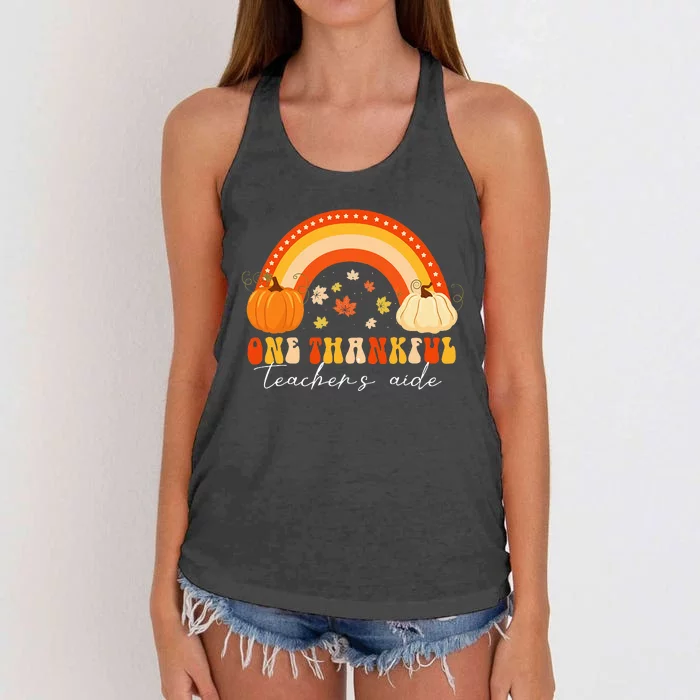 One Thankful Teachers Aide Pumpkin Rainbow Thanksgiving Women's Knotted Racerback Tank