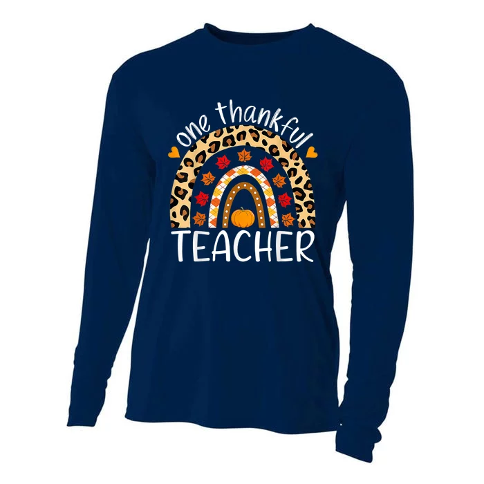 One Thankful Teacher Thanksgiving Rainbow Leopard Fall Cooling Performance Long Sleeve Crew