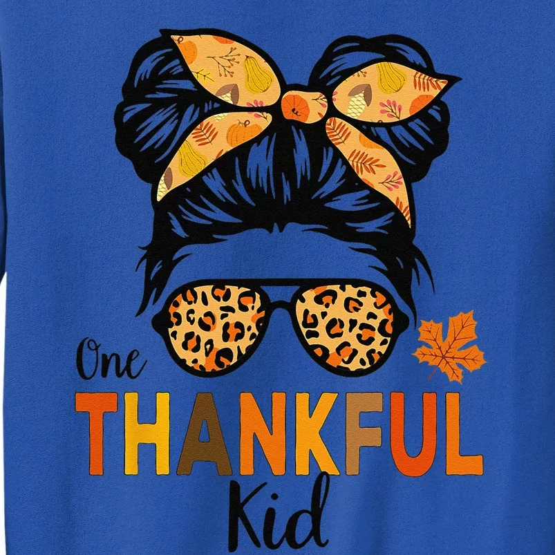 One Thankful Thanksgiving Messy Bun Leopard Sweatshirt