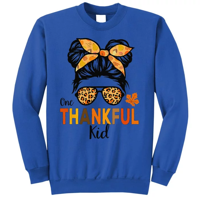 One Thankful Thanksgiving Messy Bun Leopard Sweatshirt