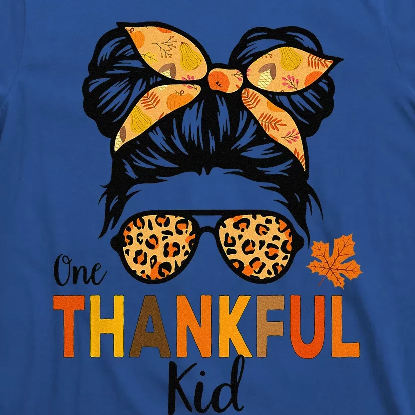 One Thankful Thanksgiving Messy Bun Leopard T-Shirt