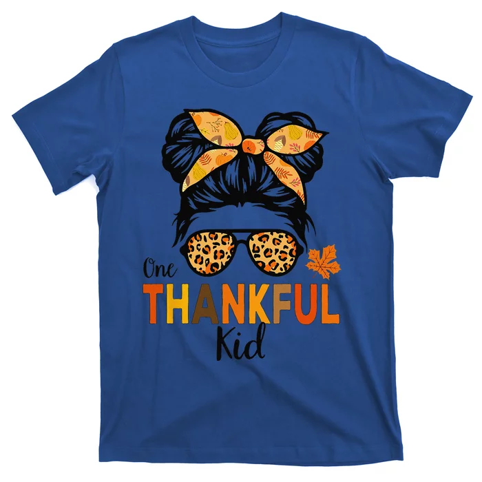 One Thankful Thanksgiving Messy Bun Leopard T-Shirt