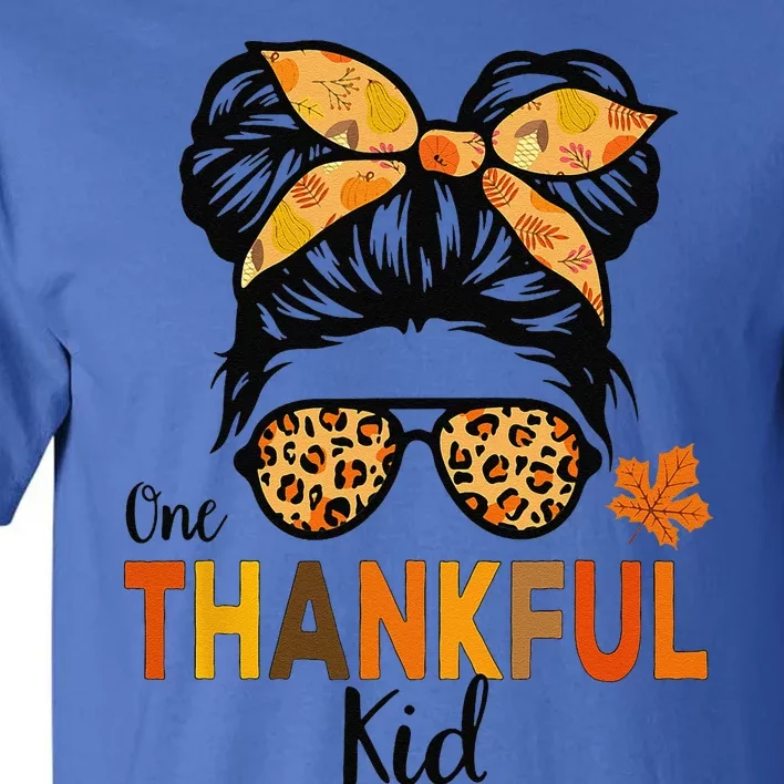 One Thankful Thanksgiving Messy Bun Leopard Tall T-Shirt