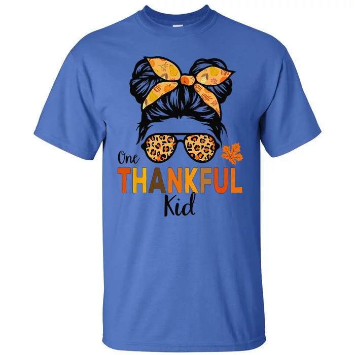 One Thankful Thanksgiving Messy Bun Leopard Tall T-Shirt