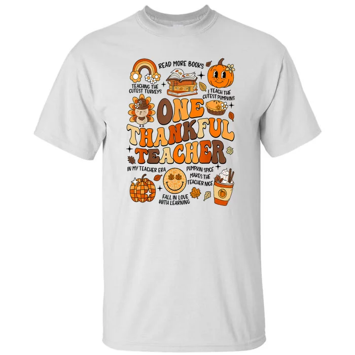 One Thankful Teacher Retro Groovy Fall Teachers Thanksgiving Day Gift Tall T-Shirt