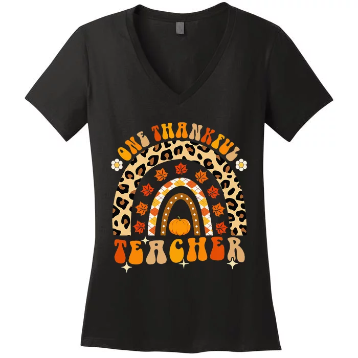 One Thankful Teacher Thanksgiving Rainbow Fall Women's V-Neck T-Shirt