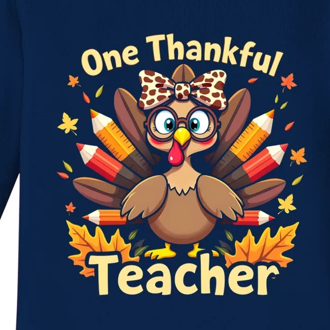 One Thankful Teacher Thanksgiving Turkey Leopard Turkey Gift Baby Long Sleeve Bodysuit