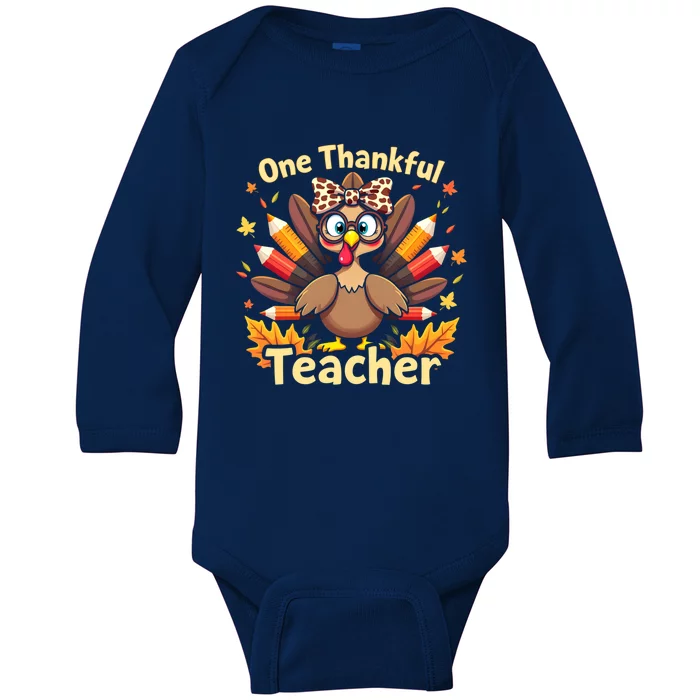 One Thankful Teacher Thanksgiving Turkey Leopard Turkey Gift Baby Long Sleeve Bodysuit