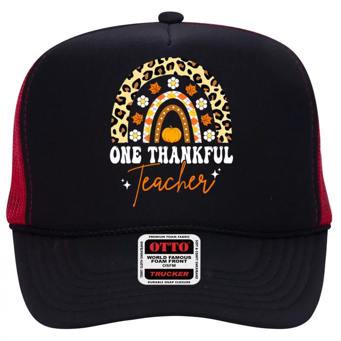 One Thankful Teacher Thanksgiving Fall Autumn Groovy Leopard High Crown Mesh Trucker Hat