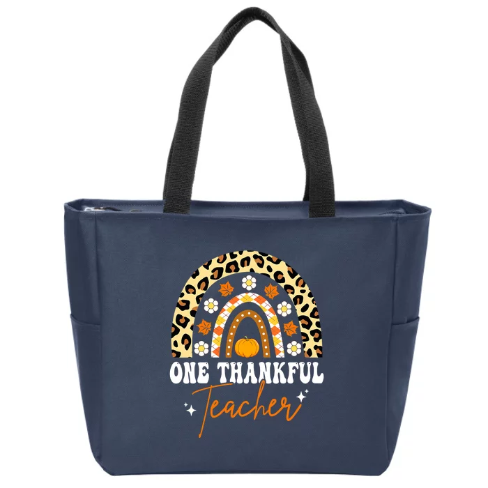 One Thankful Teacher Thanksgiving Fall Autumn Groovy Leopard Zip Tote Bag