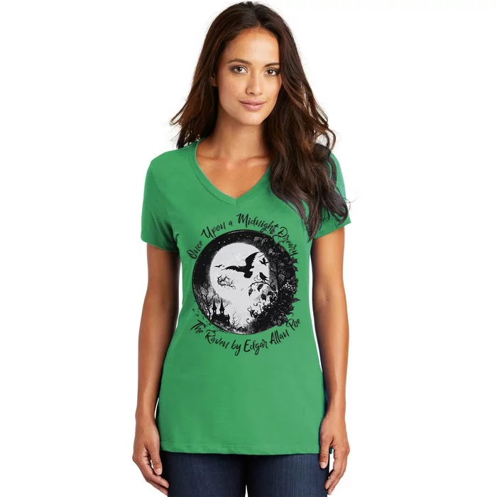 Once Upon A Midnight Dreary The Raven By Edgar Allan Poe Women's V-Neck T-Shirt