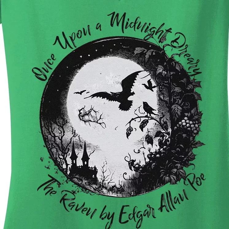 Once Upon A Midnight Dreary The Raven By Edgar Allan Poe Women's V-Neck T-Shirt