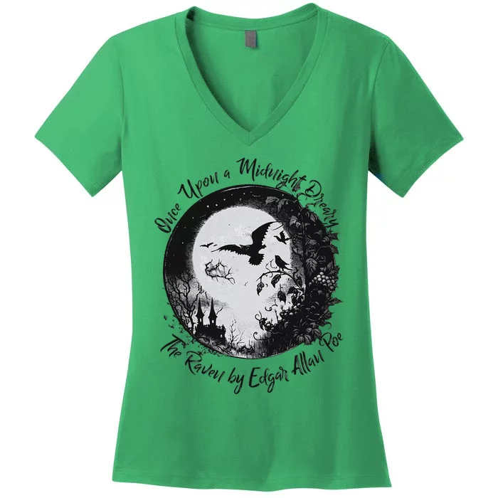 Once Upon A Midnight Dreary The Raven By Edgar Allan Poe Women's V-Neck T-Shirt