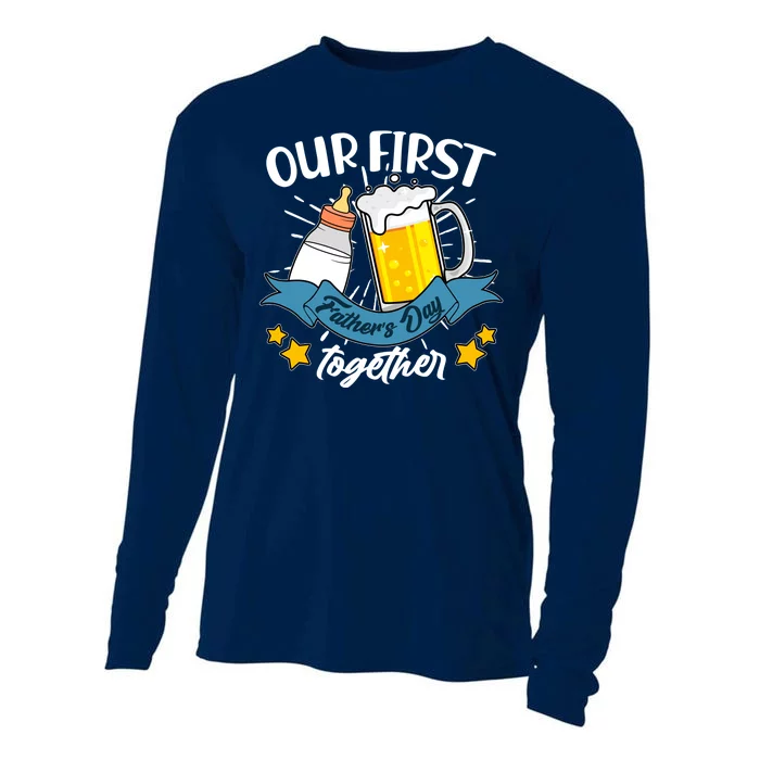 Our First Father's Day Together Baby Bottle Beer Mug Cooling Performance Long Sleeve Crew