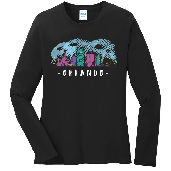 Orlando USA Skyline Sketch Ladies Long Sleeve Shirt