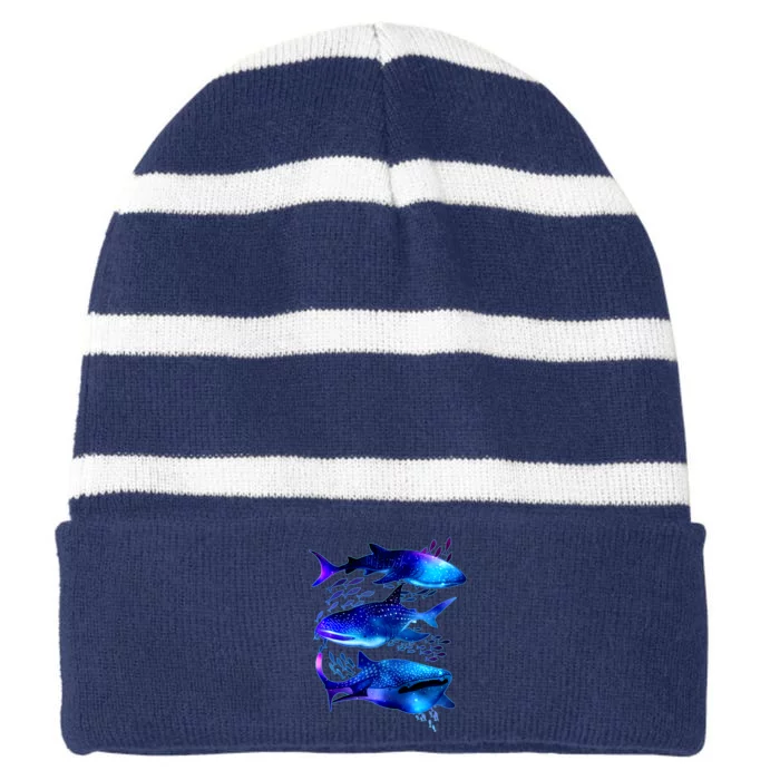 Outer Space Whale Sharks Striped Beanie with Solid Band