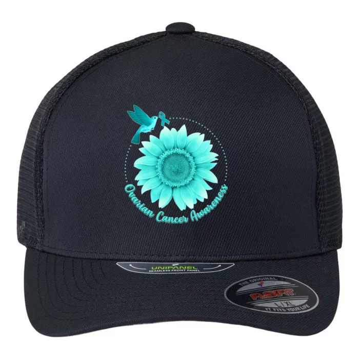 Ovarian Cancer Awareness Teal Hummingbird Sunflower Flexfit Unipanel Trucker Cap