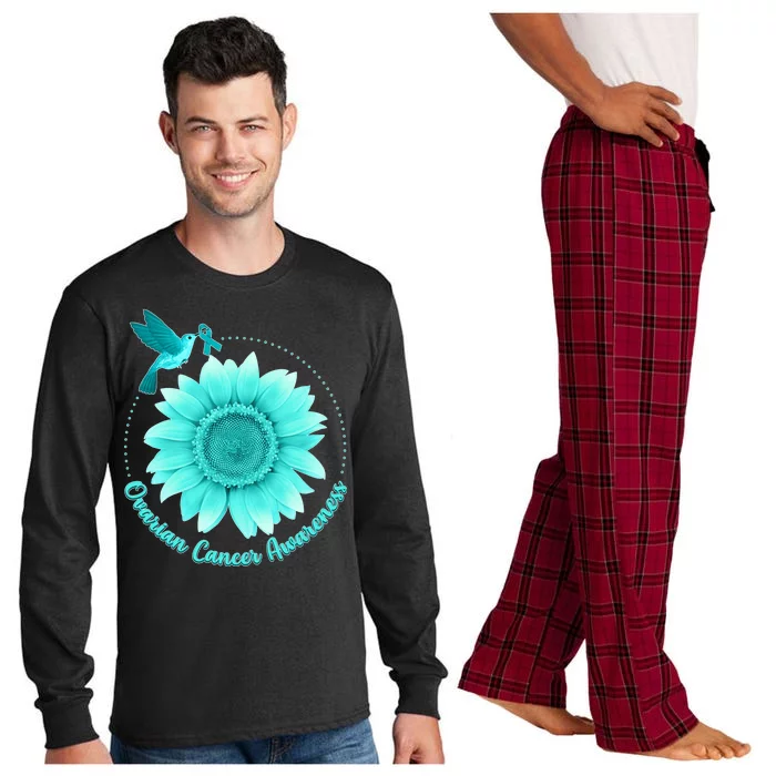 Ovarian Cancer Awareness Teal Hummingbird Sunflower Long Sleeve Pajama Set