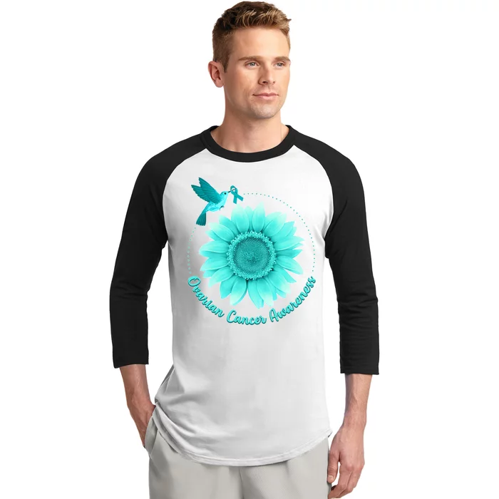 Ovarian Cancer Awareness Teal Hummingbird Sunflower Baseball Sleeve Shirt