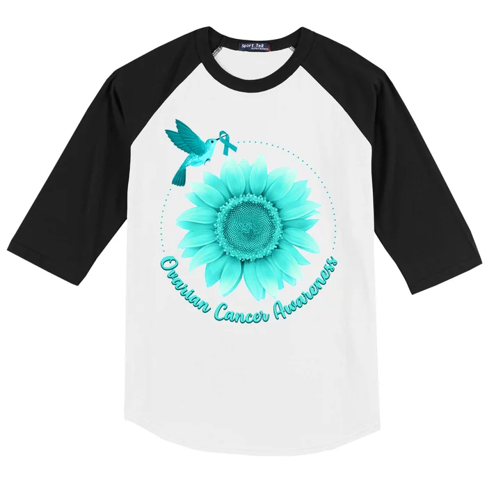 Ovarian Cancer Awareness Teal Hummingbird Sunflower Baseball Sleeve Shirt